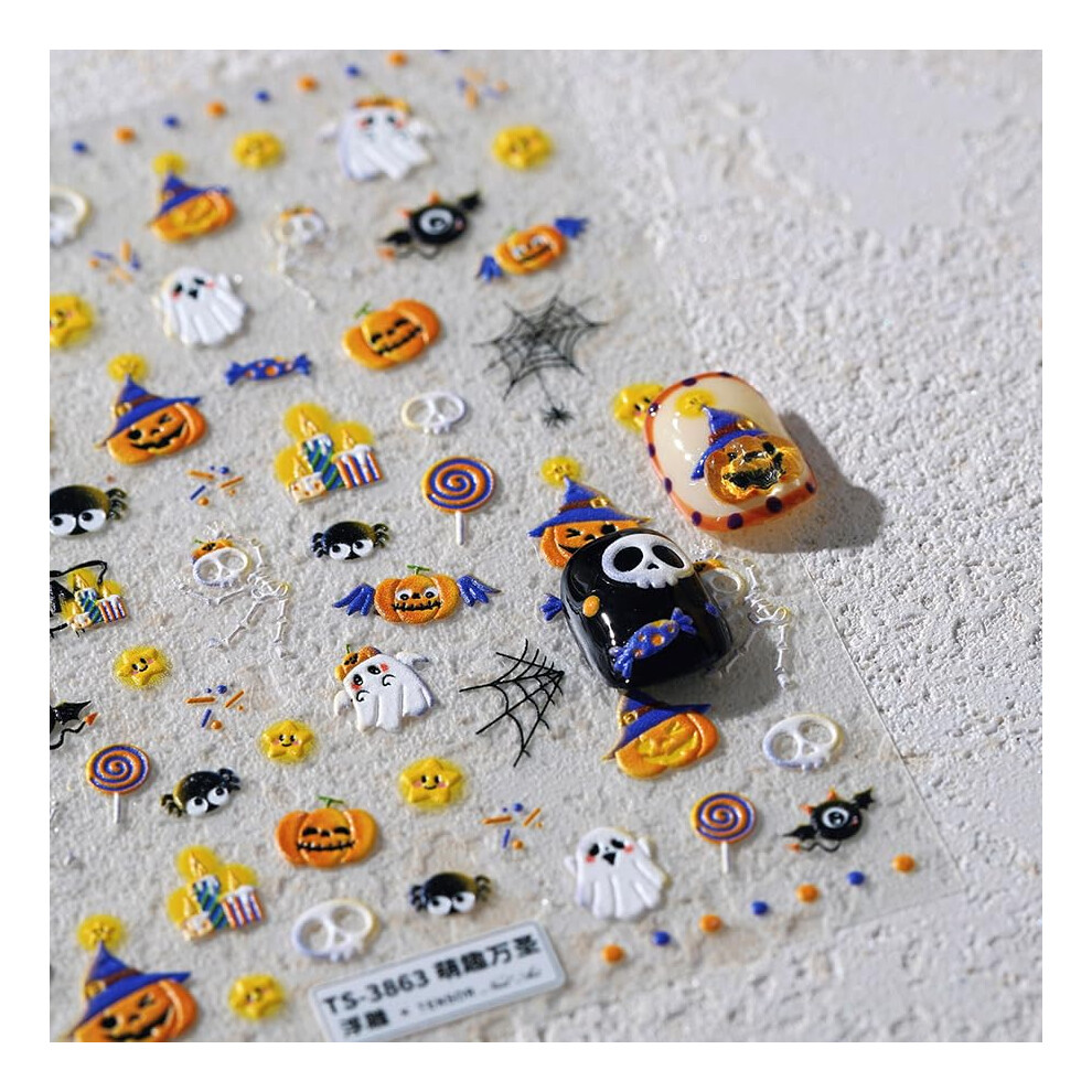 5D Embossed Halloween Nail Stickers SelfAdhesive Ghost Pumpkin Spider Web Skull Nail Decals