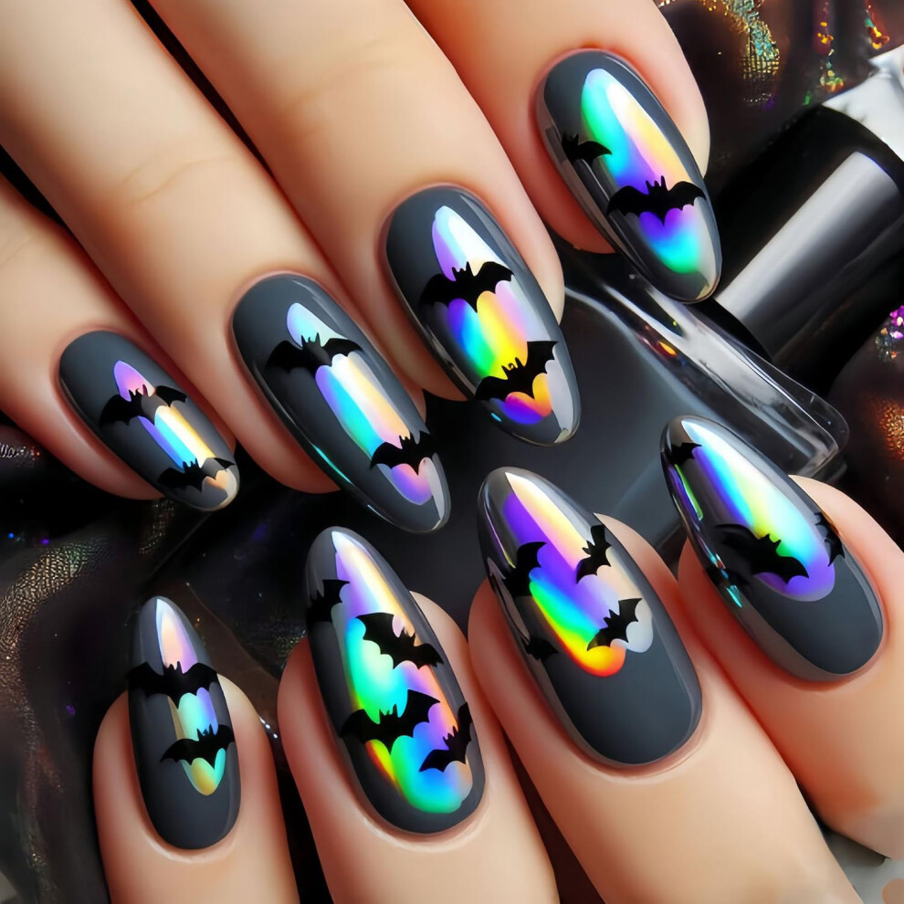 Black Halloween Press On Nails Bat And Grey Almond Shape False Nails Reusable Acrylic Set 24Pcs