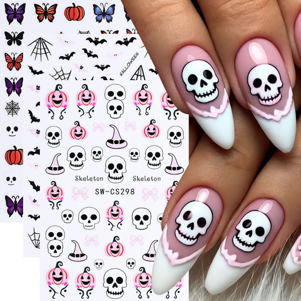 White/Black Halloween Nail Stickers 3D Selfadhesive Decals With Bat Spider Skull Ghost Pumpkin For Women