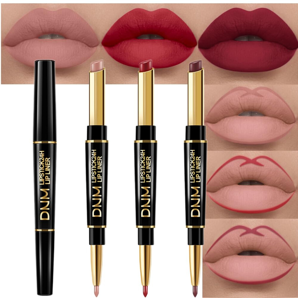 Matte Lipstick Set with Lip Liner Combo, 3 Shades, 24H Smudge Proof, Moisturizing Finish