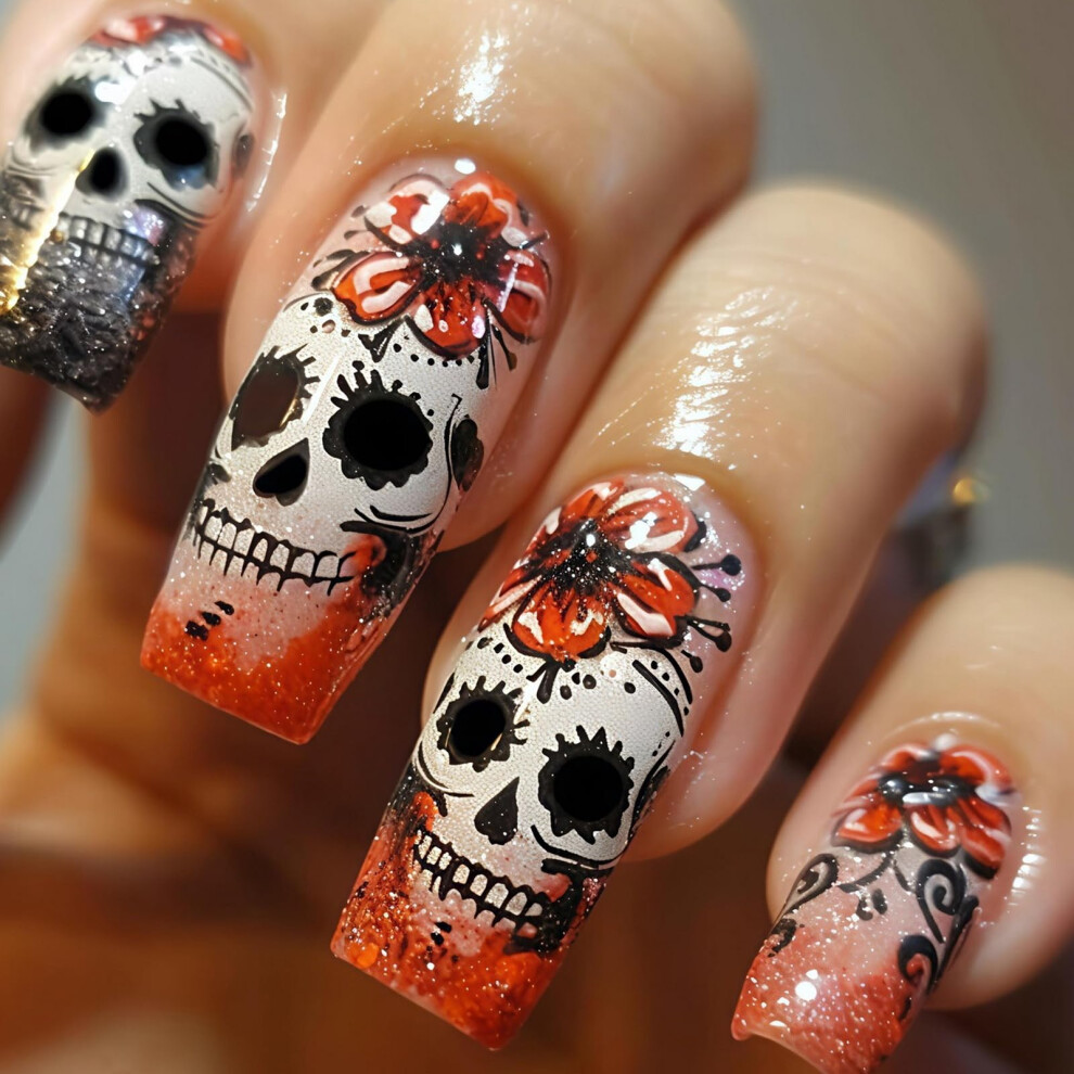 Halloween Press On Nails French Tip Square Fake Nails with Skull Glitter Full Cover 24pcs