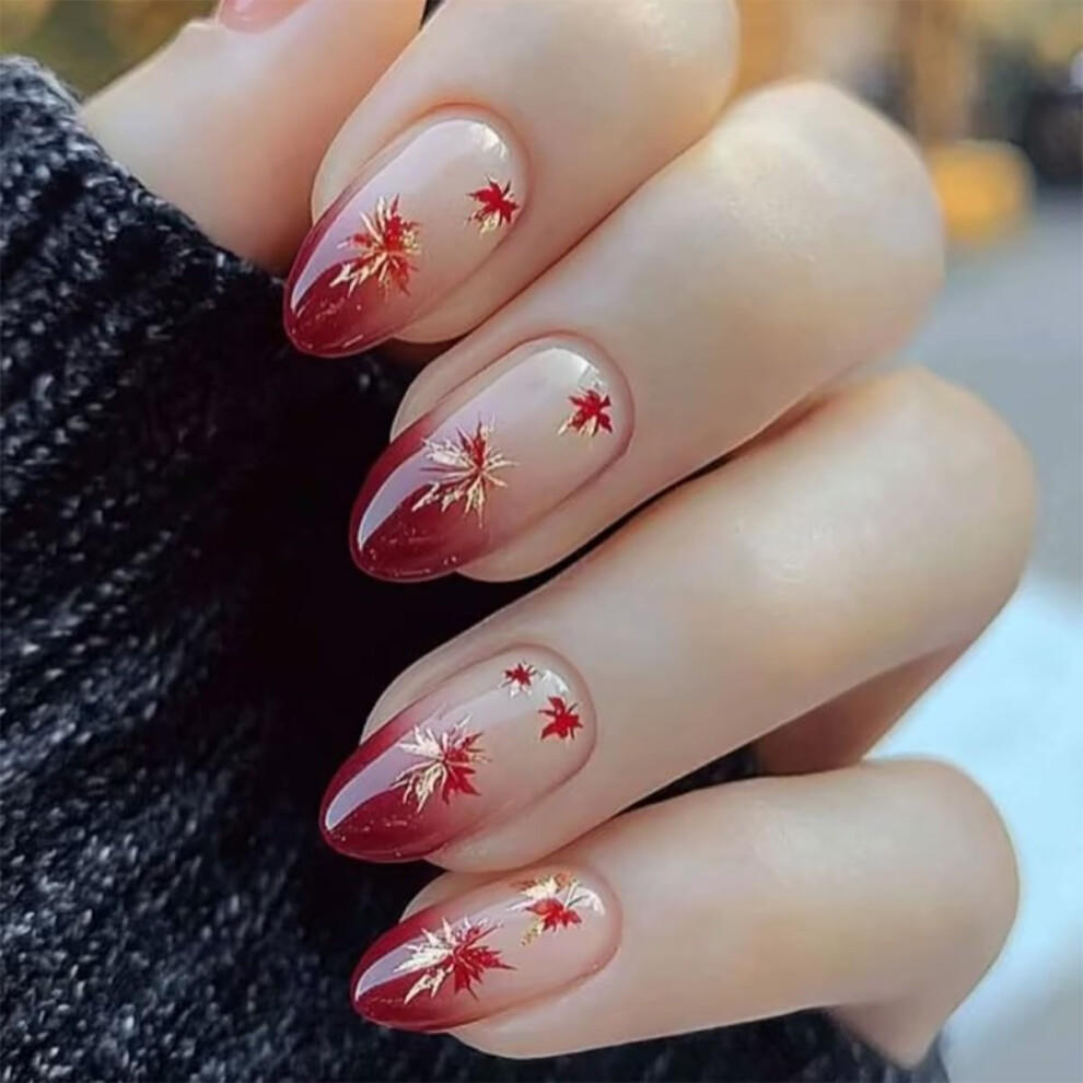 Red,Gold Autumn Press On Nails Medium Almond Shape Red And Gold Maple Leaf False Nails Instant Manicure Kit 24Pcs
