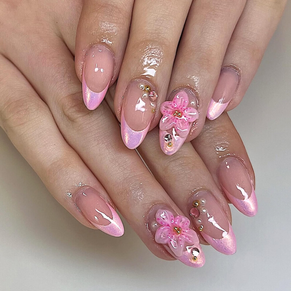 Almond Shape French Tip Press On Nails with Pearl Rhinestones, Reusable Acrylic Nail Kit