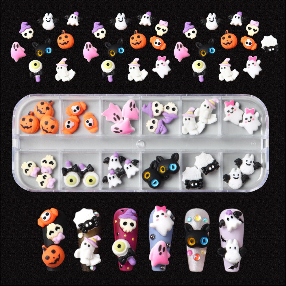 Halloween Nail Art Charms Set Ghost Bat Pumpkin Resin Rhinestones 12Grid DIY Decorations
