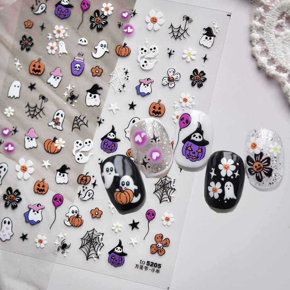 Halloween Nail Stickers 5D SelfAdhesive Embossed Ghost Pumpkin Spider Web Decals for DIY Manicure