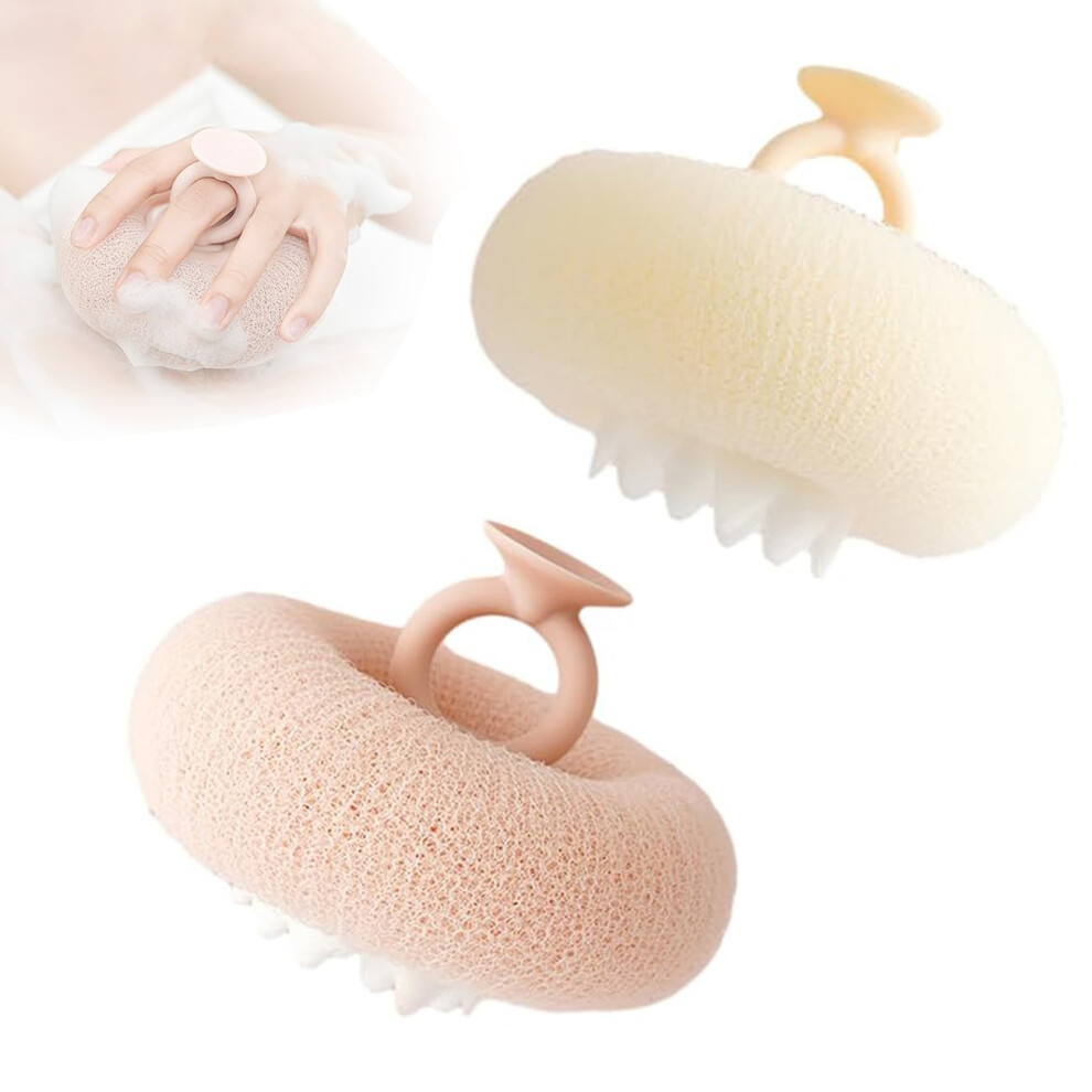 2in1 Sunflower Shower Sponge with Exfoliating Brush and Suction Cup, Beige and Yellow Bath Pouf