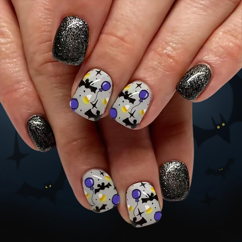 Black Halloween Press On Nails Short Square Glitter Fake Nails With Bat Design, Reusable 24Pcs