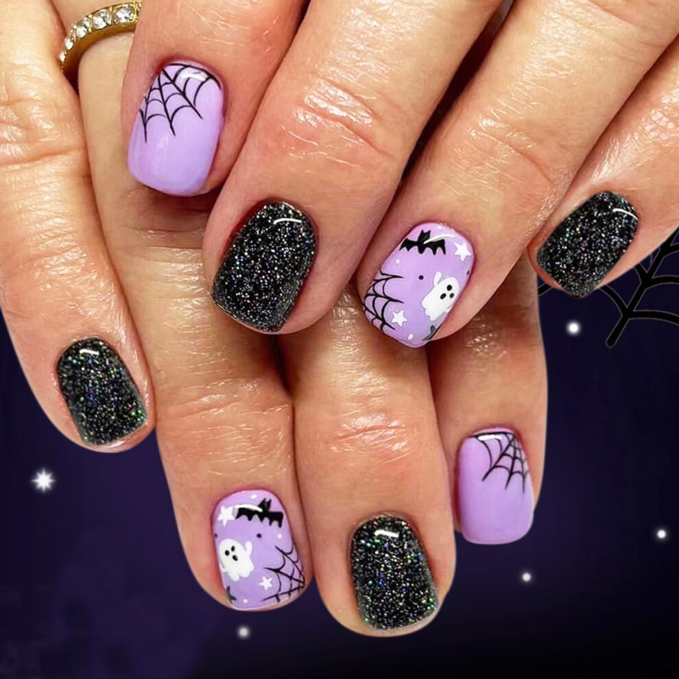 Halloween Press on Nails Black Glitter Square Purple Glossy Fake Nails with Ghost Bat Spider Web 24Pcs