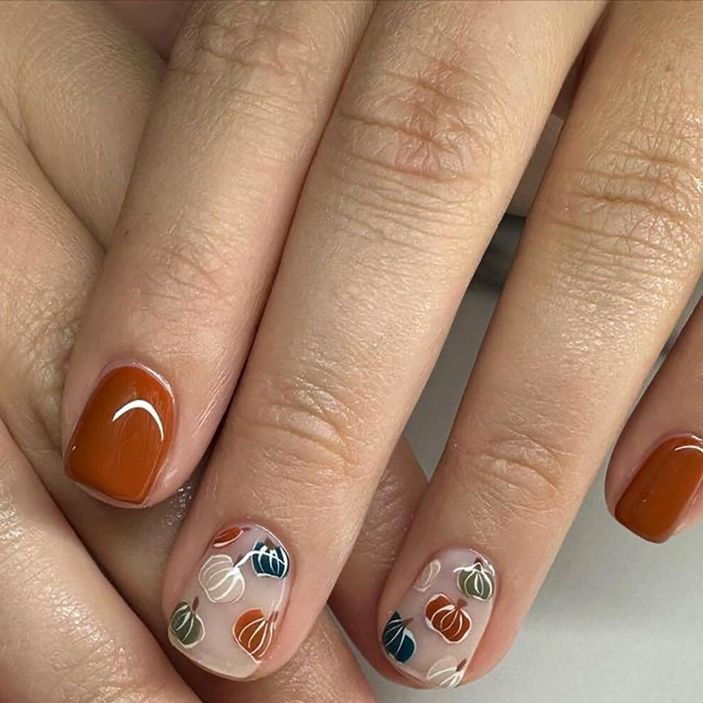 Fall Thanksgiving Press on Nails Short Square Pumpkin Design Fake Nails with Glue Reusable 24Pcs