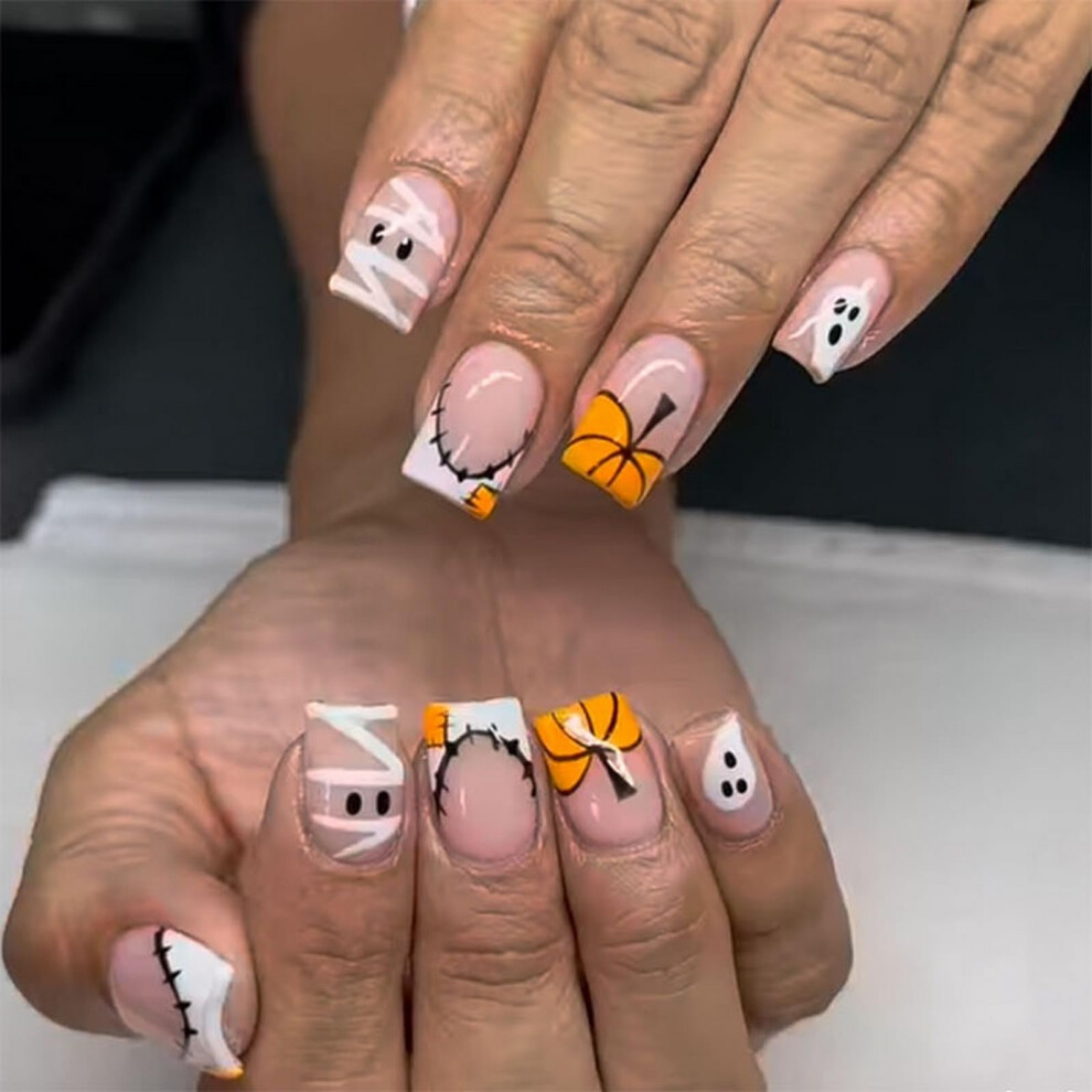 Halloween Press On Nails Medium Square French Tip Fake Nails with Pumpkin Ghost Mummy Designs 24Pcs