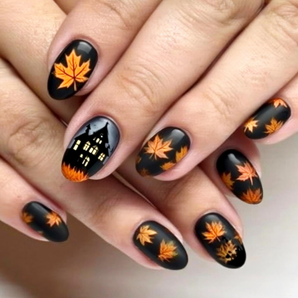 Fall French Tip Short Square Press On Nails with Sparkly Rhinestones Fake Nails Set RTG43