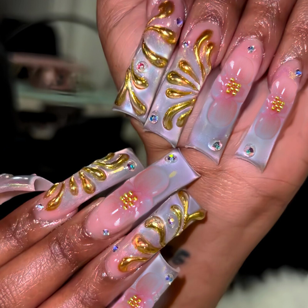 Pink 20Pcs Long Curved Press On Nails Gradient Square Fake Nails With 3D Flower Rhinestones Reusable Kit