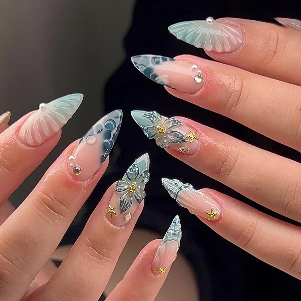 Blue Stiletto Press On Nails With Rhinestones, Medium Almond Ombre Fake Nails, 3D Flower Design
