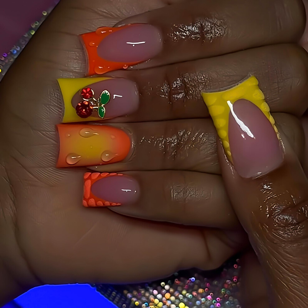 Duckbill Press On Nails 24Pcs Medium Length Glossy French Tip Fake Nails with 3D Sparkly Design