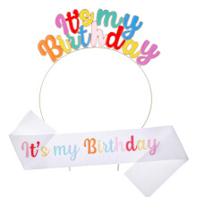 Birthday Headband and Sash Set for Girls and Women with Metal Tiara Crown for Birthday Party