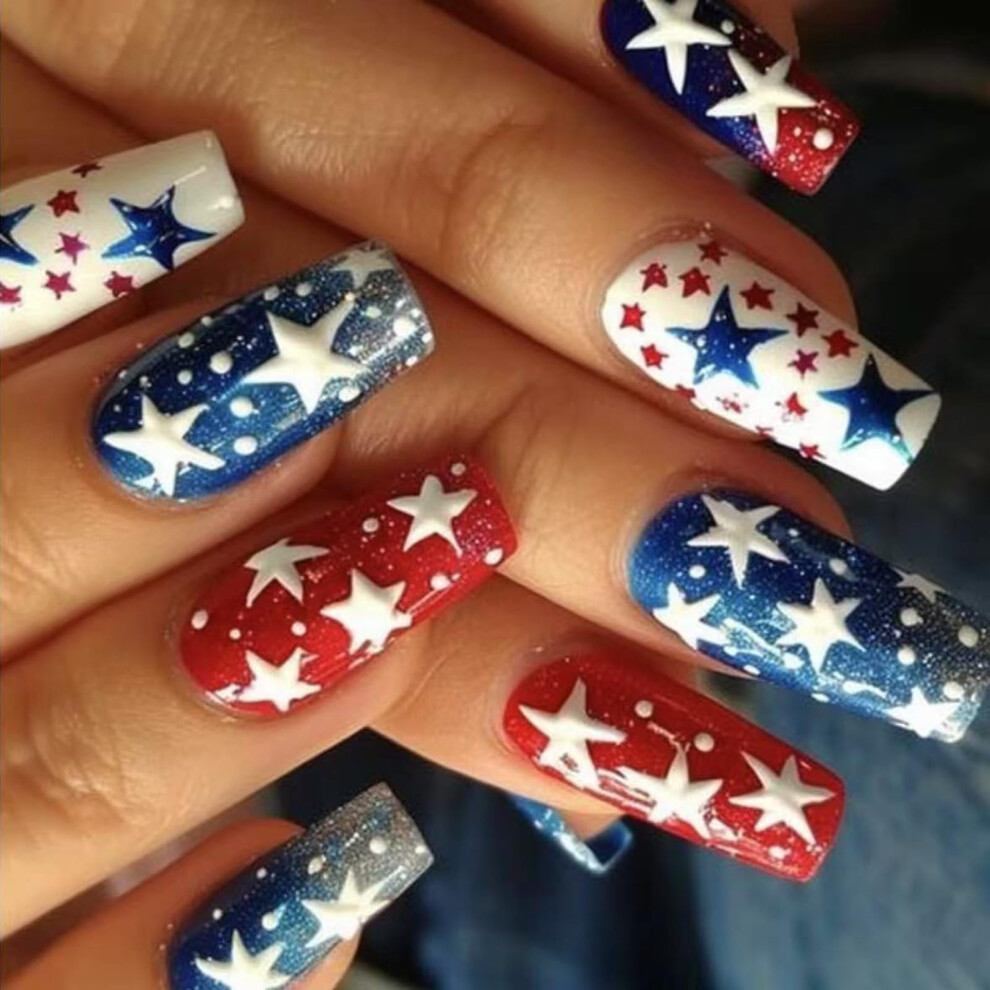 Blue,Red French Tip Press On Nails Coffin Fake Nails Patriotic Red And Blue Glitter Independence Day