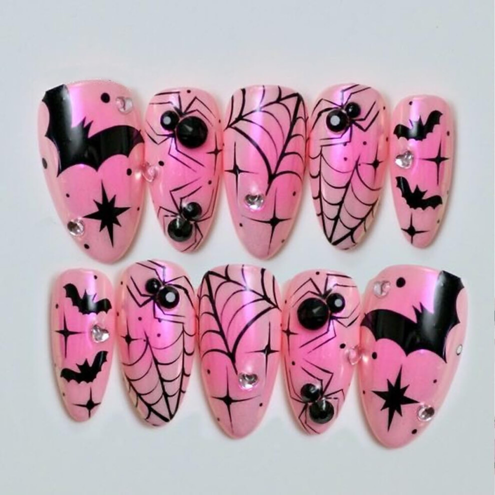 Halloween Pink Almond Press On Nails with Bat Spider Design Rhinestones Charms, 24pcs Reusable Set