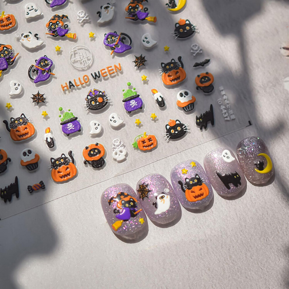 Black Halloween Nail Stickers 5D Embossed Pumpkin Ghost Cat Selfadhesive Nail Art Decals