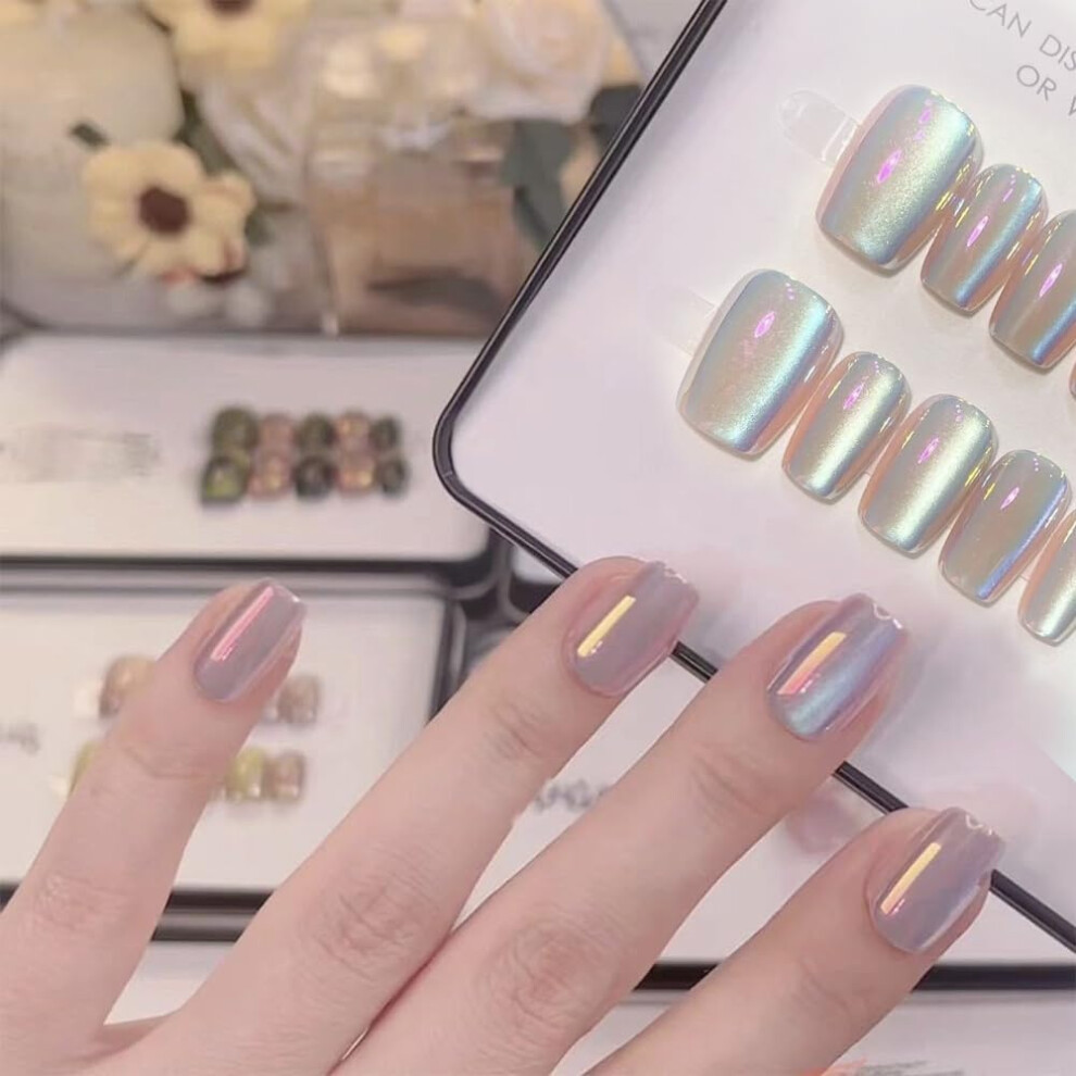 Holographic Chrome Press On Nails Iridescent Silver Pink Reusable Acrylic Fake Nails with Glue