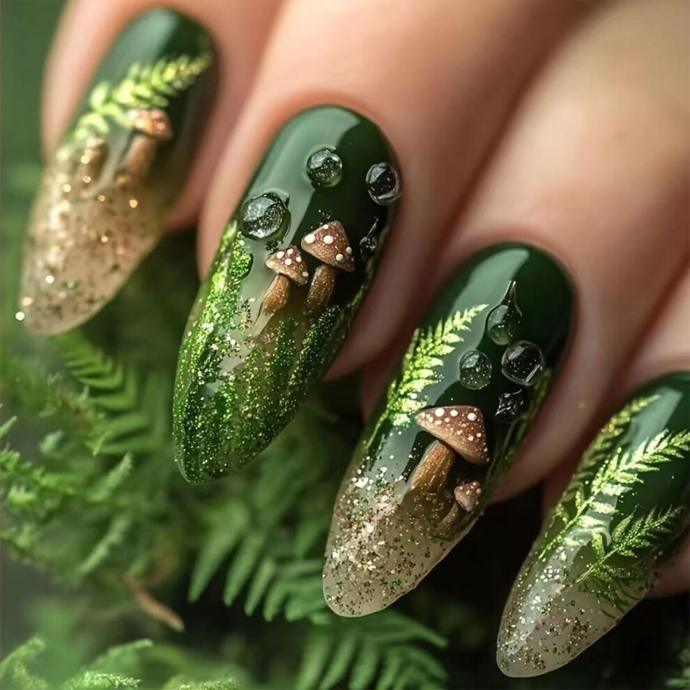 Almond Shape Press On Nails Green Glitter Fake Nails with Mushroom and Leaf Design 24 Pcs