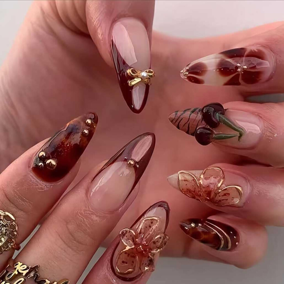 Almond Tortoiseshell Press On Nails Glossy Fake Nail Tips Kit with Adhesive and File 24pcs