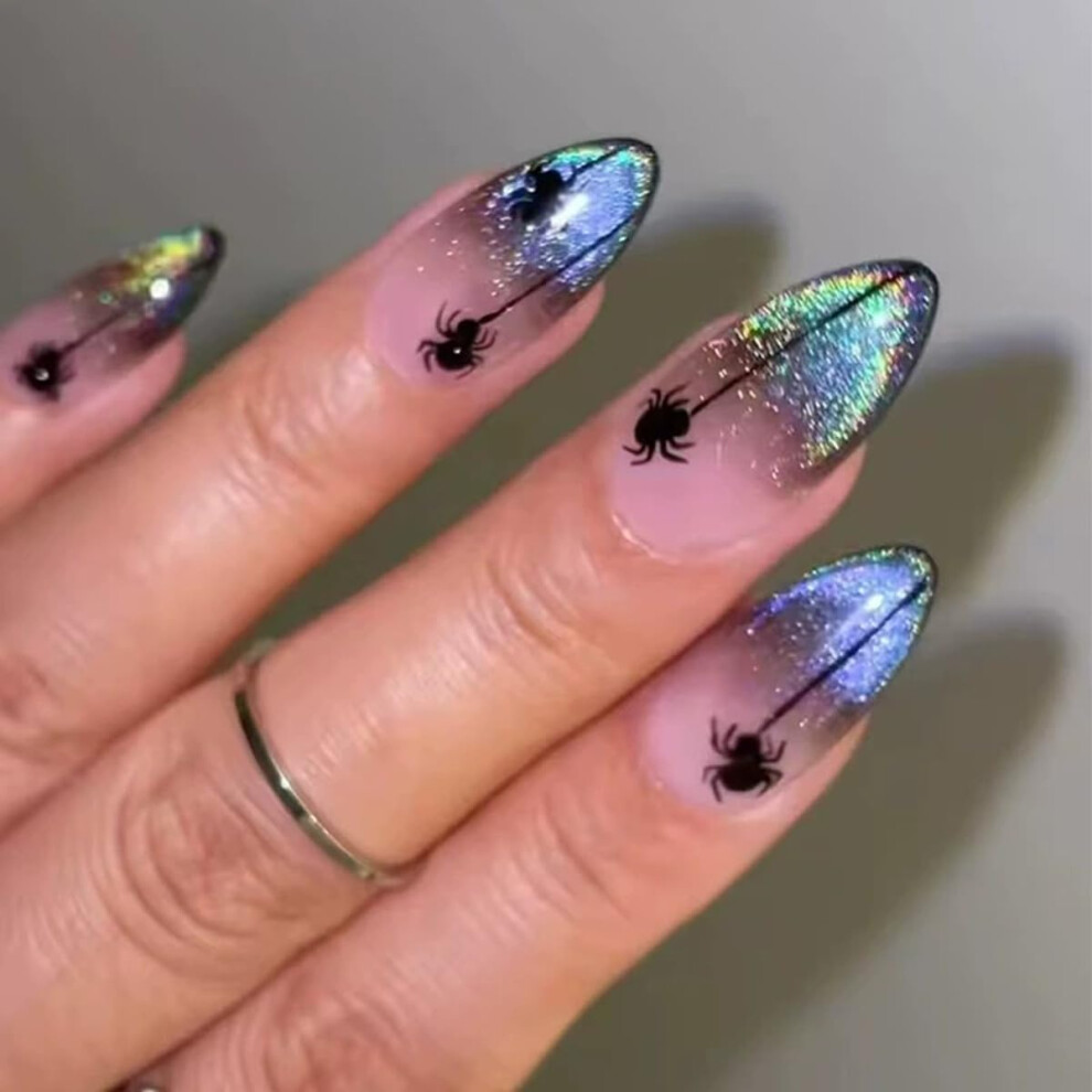 24pcs Halloween Press On Nails Almond French Tip with Black Spider Design Fake Acrylic Full Cover