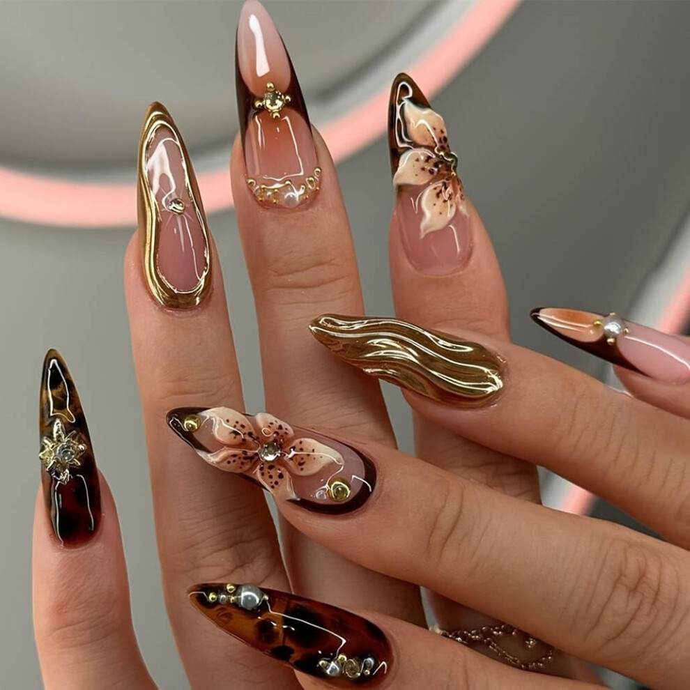 French Tip Almond Press on Nails Long Acrylic Fake Nails Tortoiseshell Glossy Reusable 24pcs