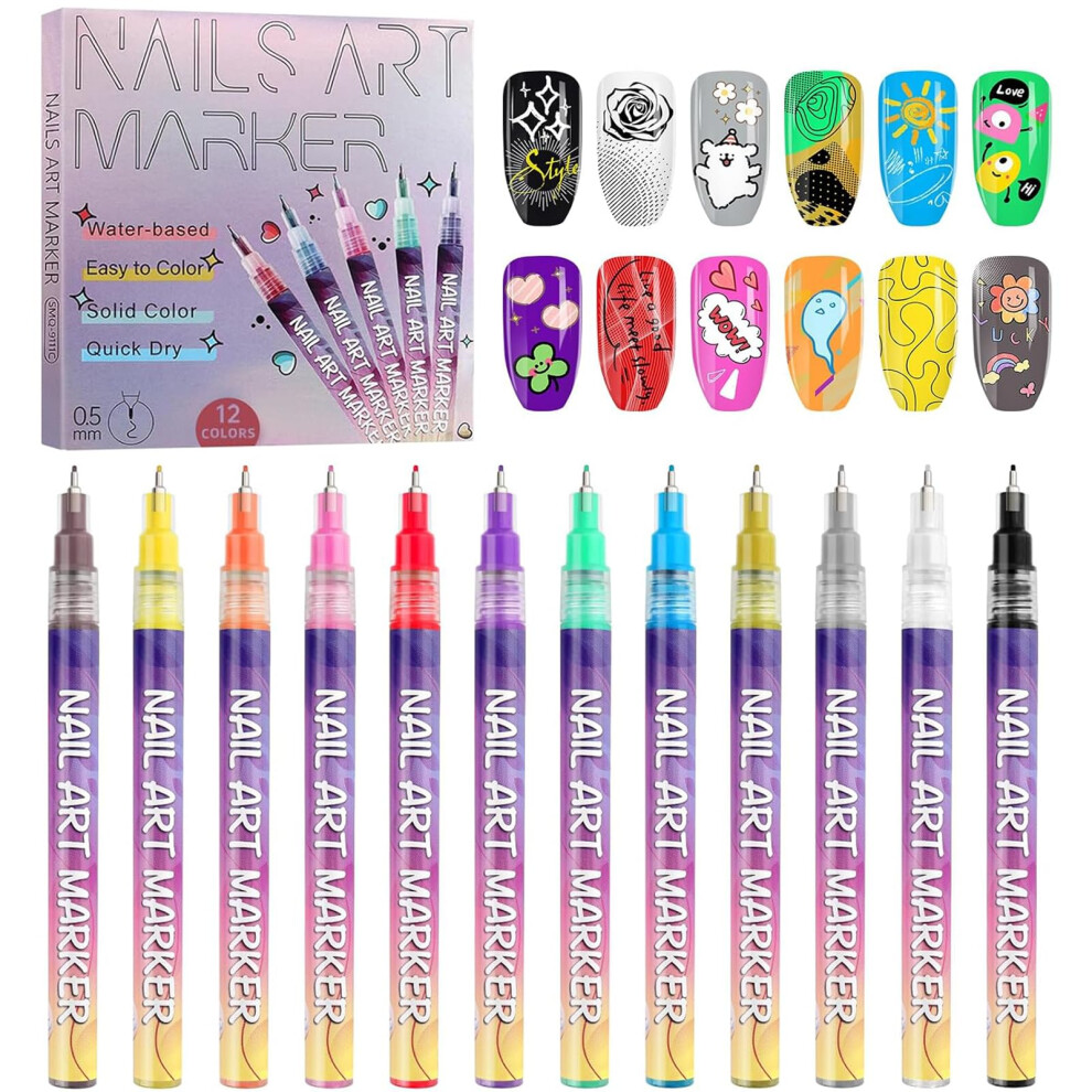 12 Color Nail Art Pens Set with Precision 0.5mm Tip, Vibrant DIY Nail Art Design Markers