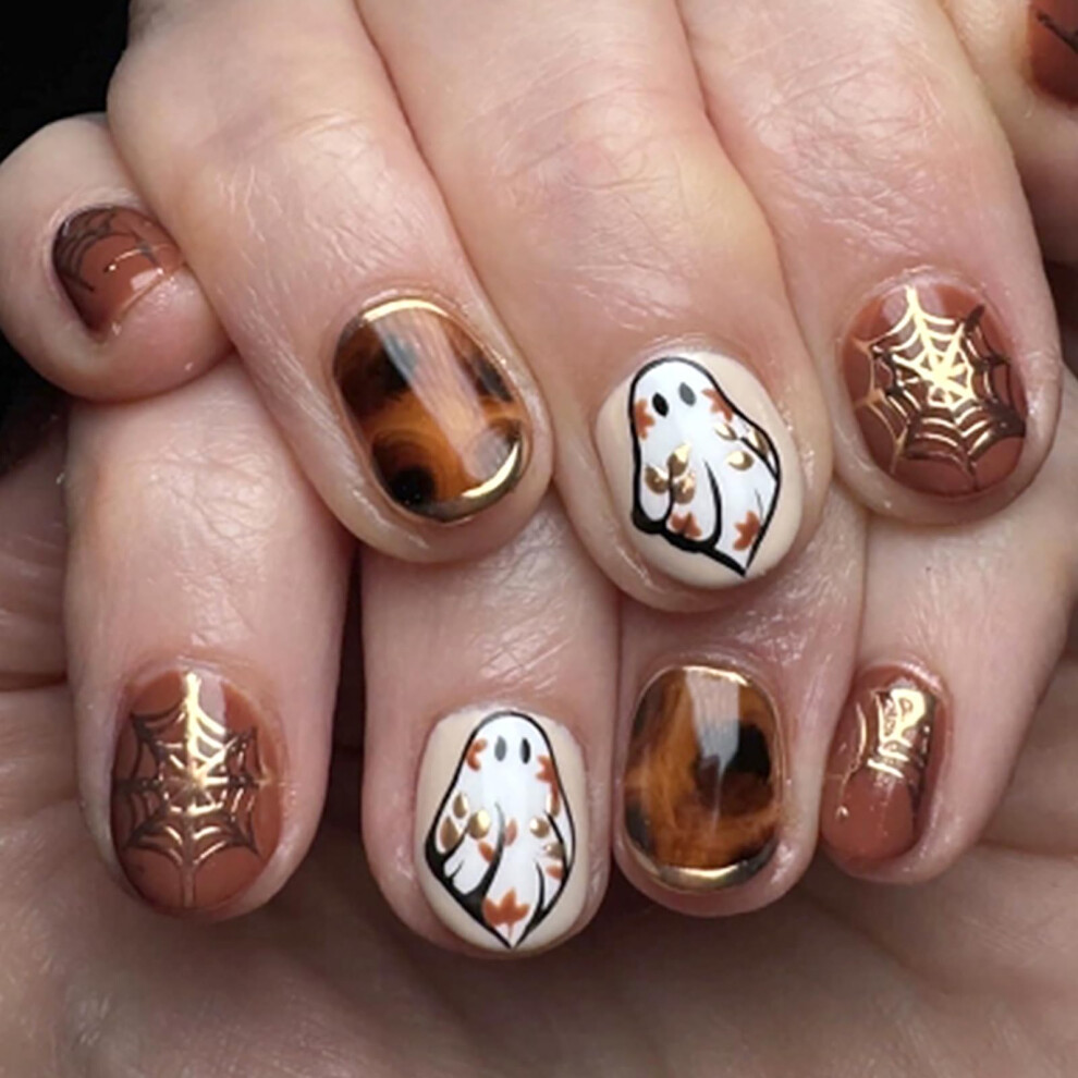 Brown Halloween Short Square Press On Nails Glossy Ghost Spiderweb Design Reusable False Nails Set 24Pcs