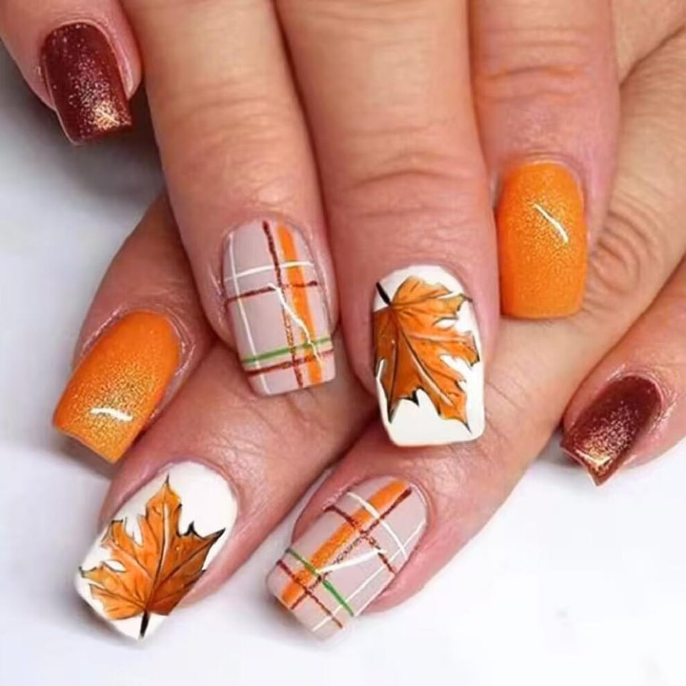 Red Short Square Press On Nails Orange Maple Leaves Design Thanksgiving Acrylic Fake Nails Set 24Pcs