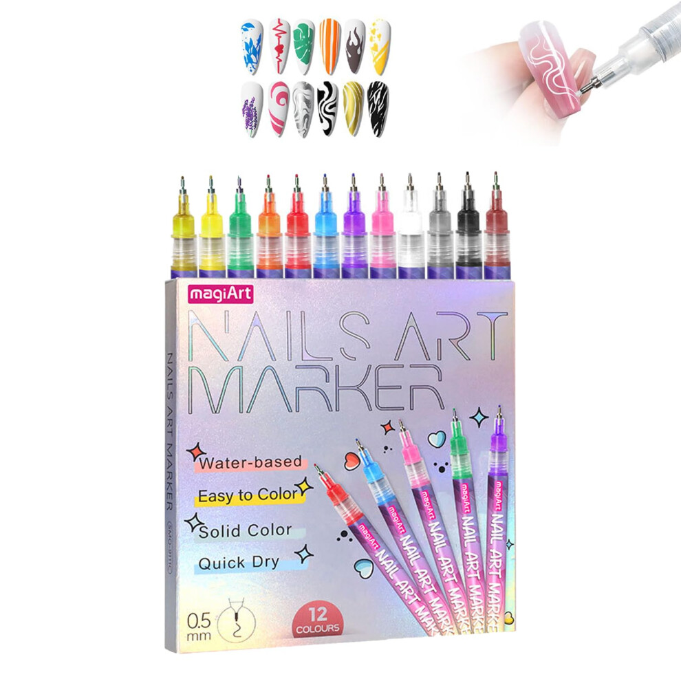 12 Colors Nail Art Pens Set with 0.5mm Fine Tip, Vibrant Gel Markers for Detailing and DIY Nail Design