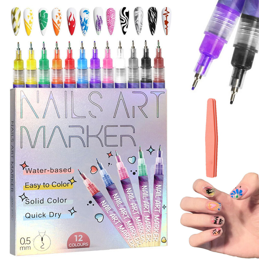 Nail Art Pens for Gel Nails with Ultrafine Precision Tip, 12 Colors Quick Dry Markers for DIY Designs