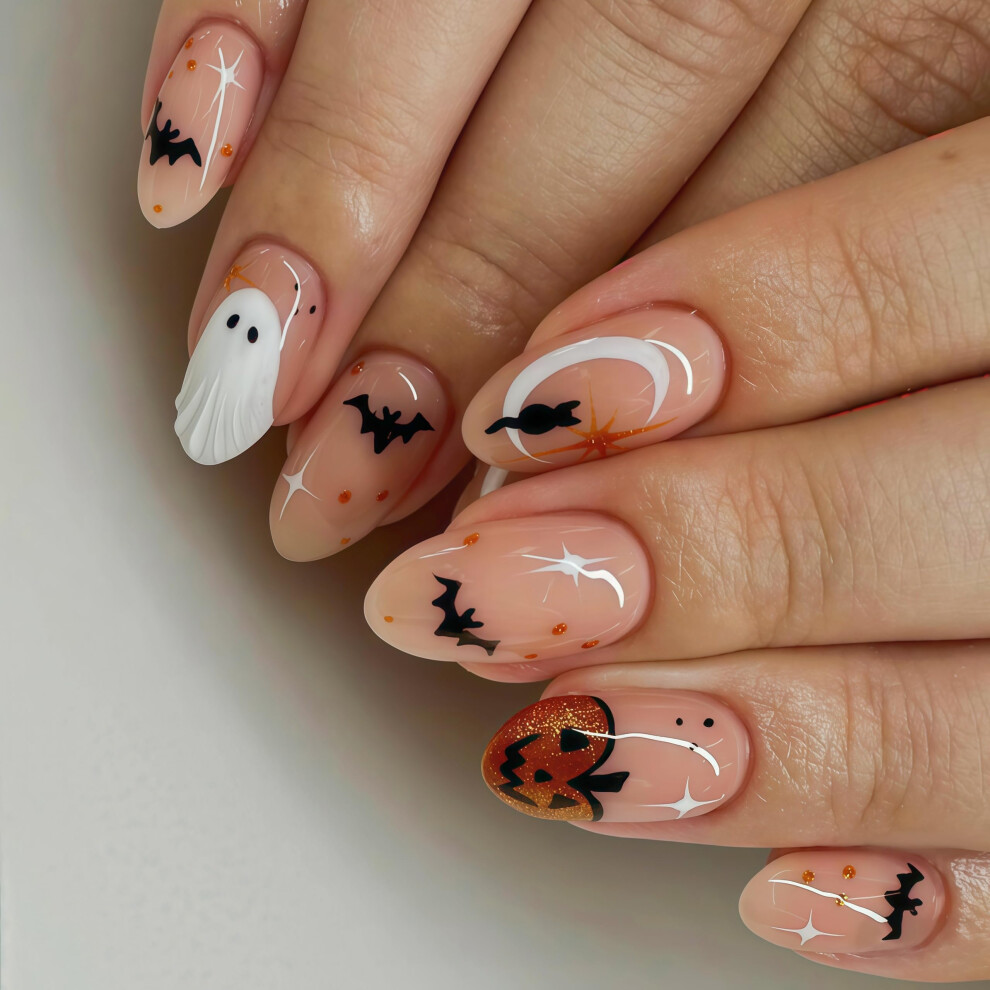 24Pcs Halloween Ghost Press On Nails Almond Shape Fake Nails with Cats Moon Pumpkin Designs
