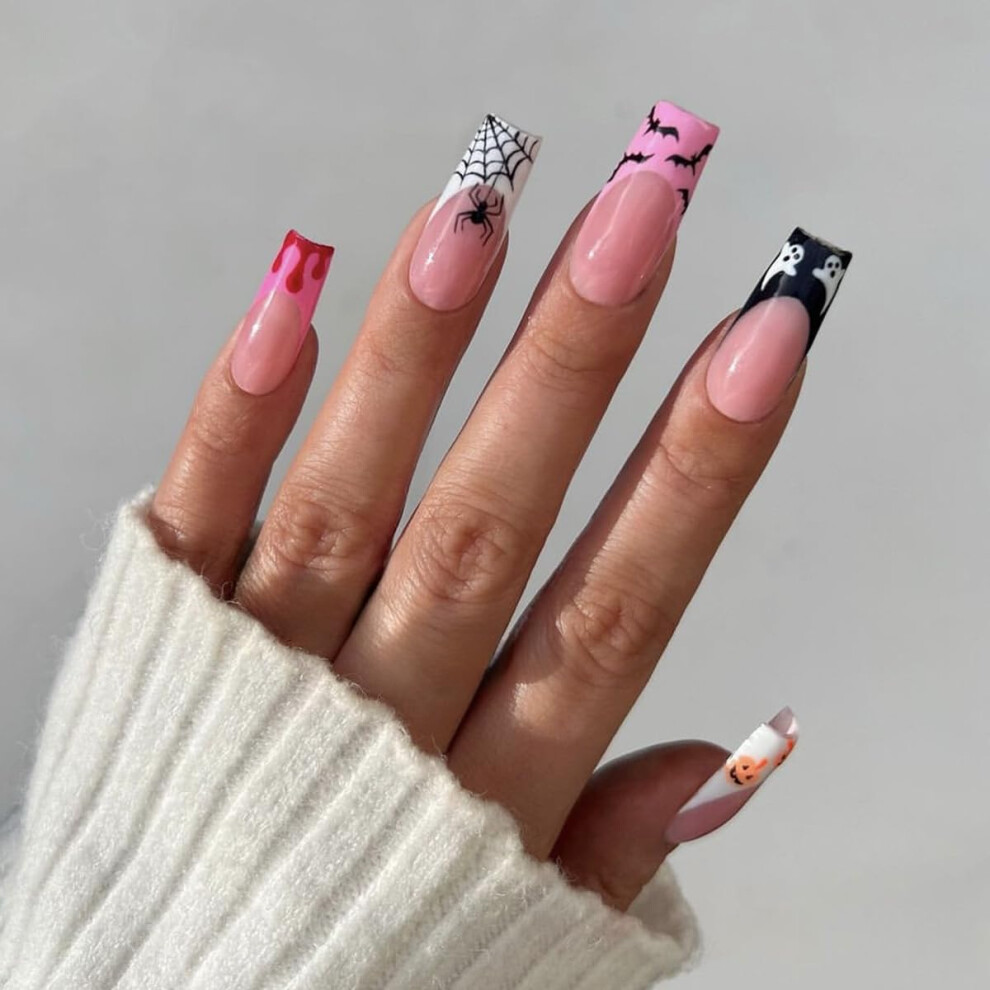 Halloween French Tip Press On Nails Medium Square Ghost Cobweb Design Reusable 24Pcs