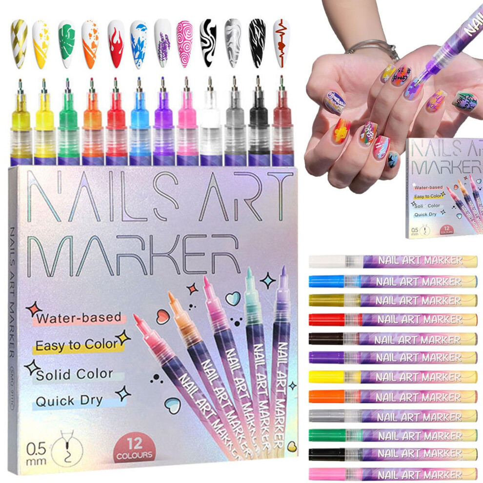 12 Colors Nail Art Pens Set with 0.5mm Fine Tip, QuickDry Gel Markers for DIY Manicure and Nail Design