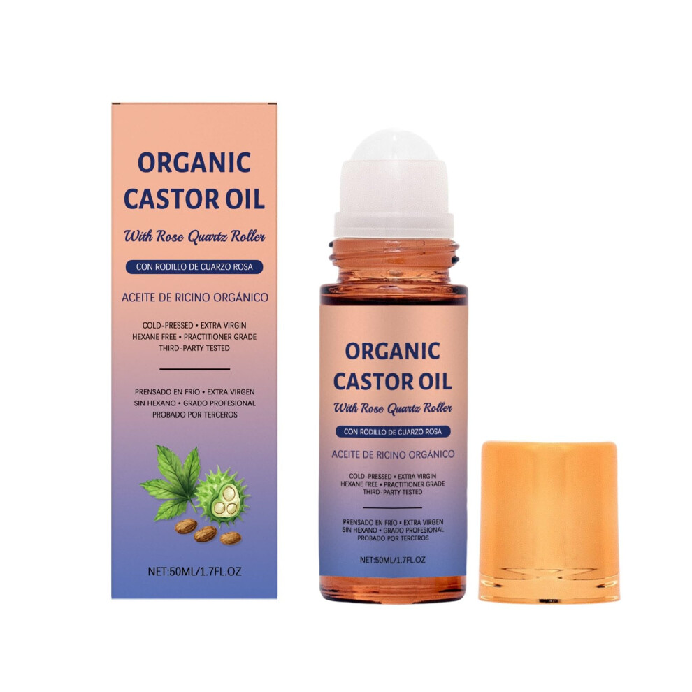 Golden Organic Castor Oil Roll On With Rose Quartz, Cold Pressed Unrefined For Hair, Skin, Lashes, Brows