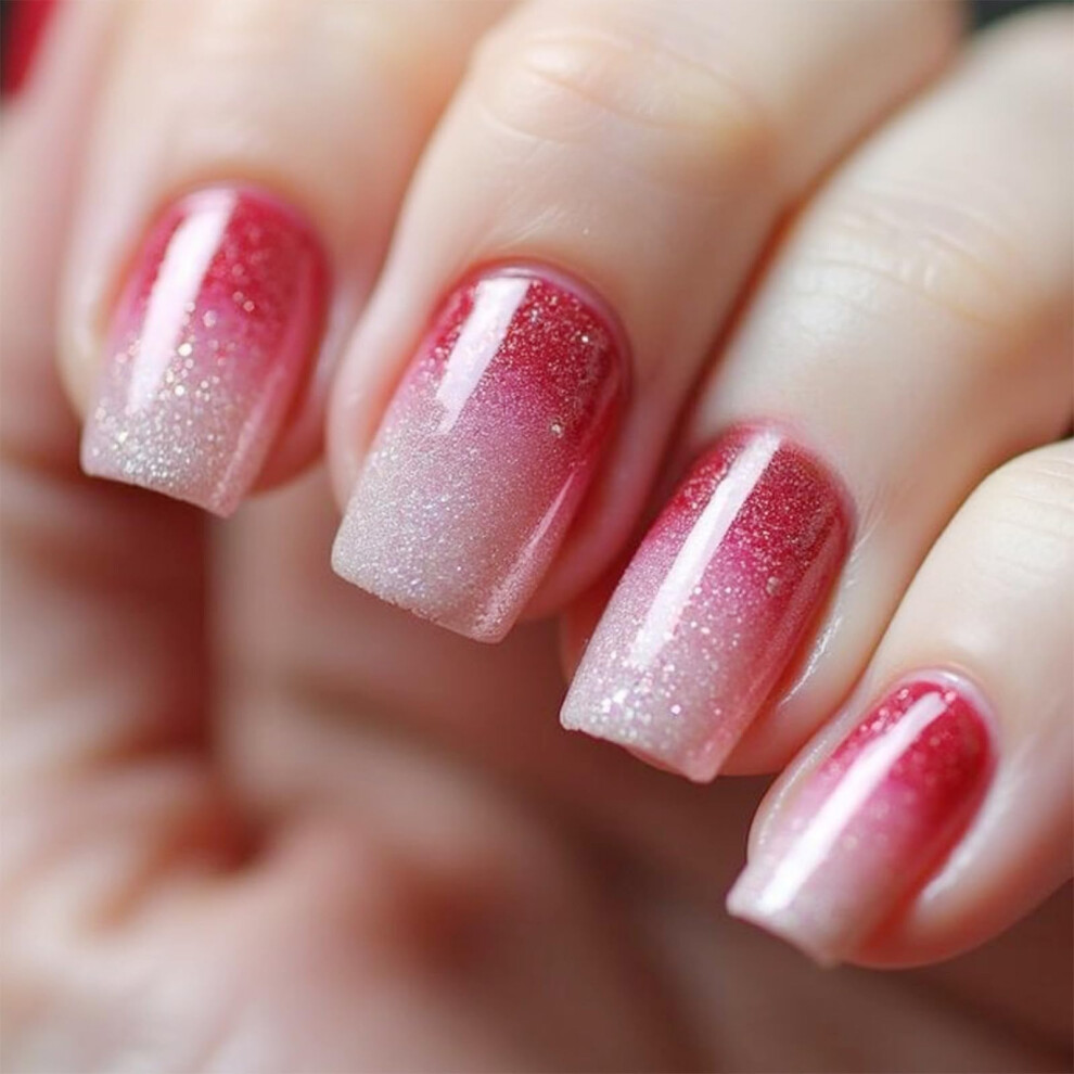 Red Short Square Press On Nails With Glue, Gradient Glitter, 24Pcs Fake Nails Kit For Events