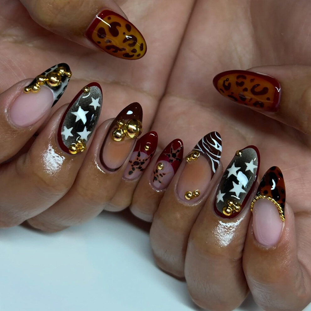 Medium Almond Press On Nails Brown Leopard Print Fake Nails Glossy Reusable Acrylic Nail Kit