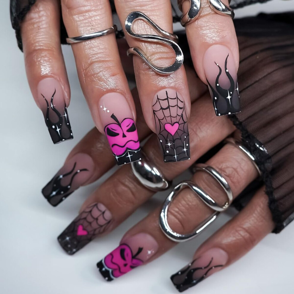 Black,Cream Halloween Coffin Press On Nails With Pumpkin Nude Black Ombre Matte Design, 24Pcs Reusable Set