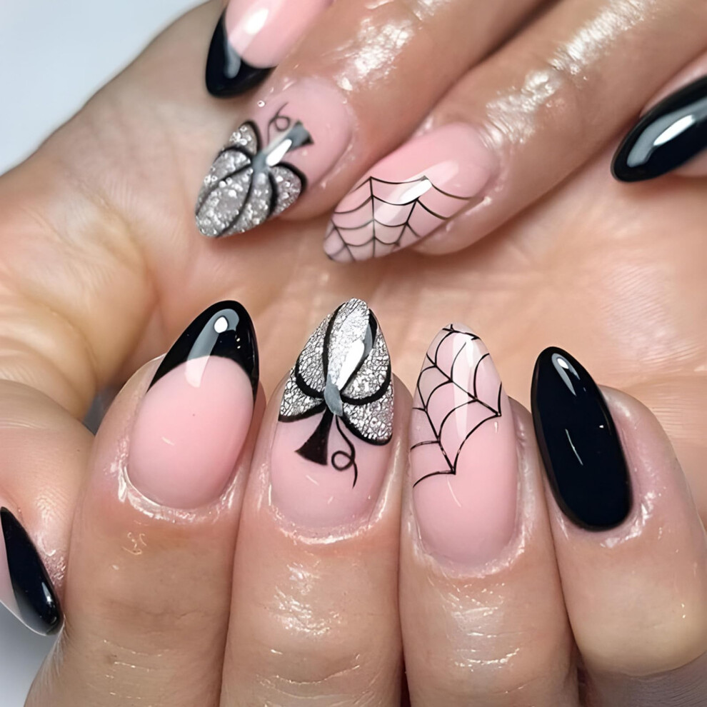 Halloween Press On Nails 24pcs Black Glitter Short Almond Spider Web Fake Acrylic Nails Set