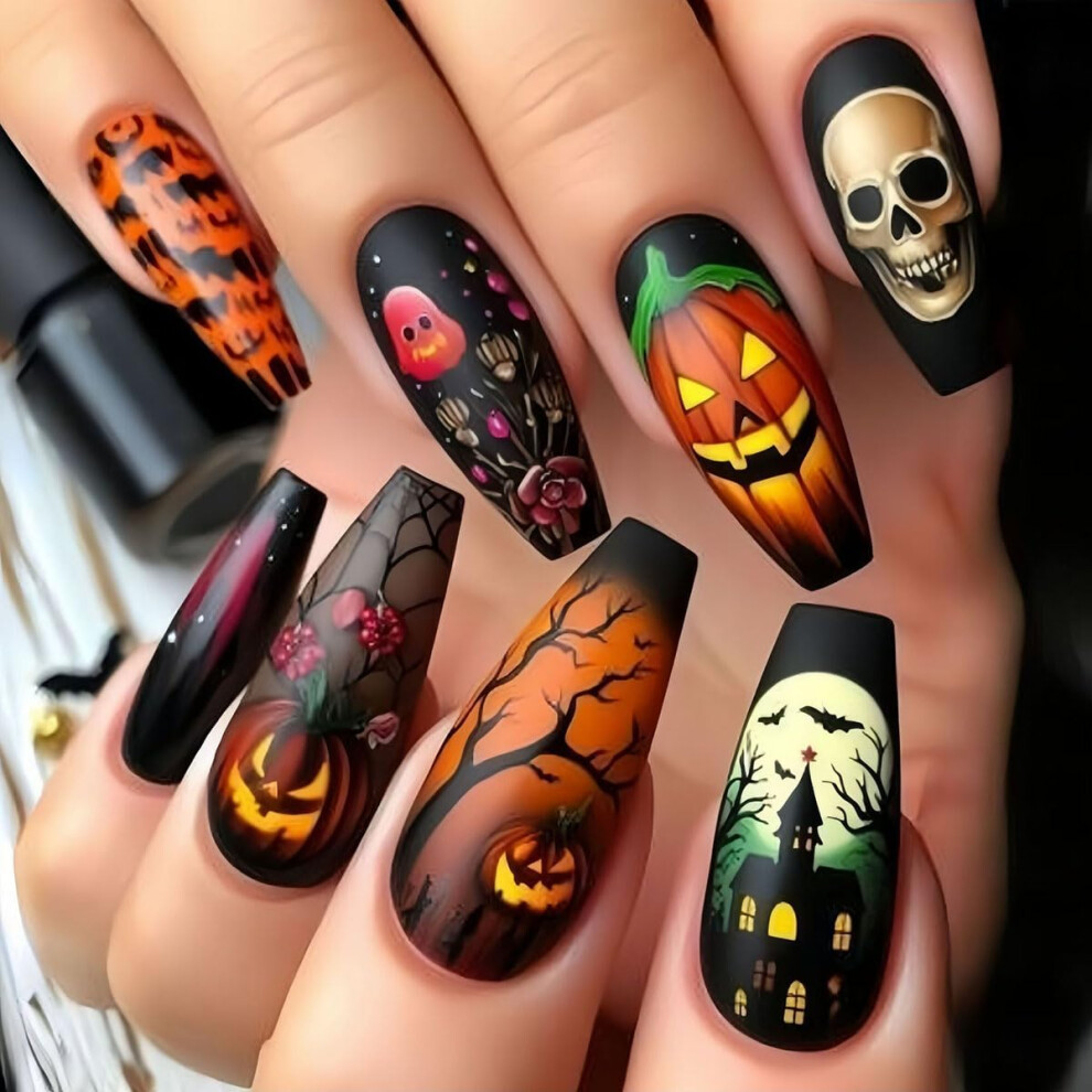 Halloween Press On Nails Long Orange Acrylic Fake Nails Ballet Shape with Bow and Pumpkin Designs 24pcs