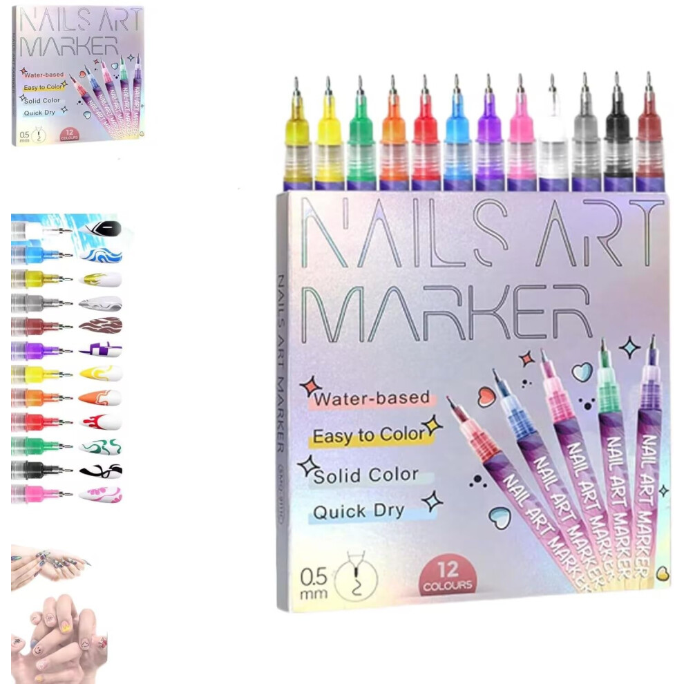 Nail Art Pens Set 12 Colors Gel Nail Art Markers with 0.5mm Fine Tip QuickDry Vibrant Colors