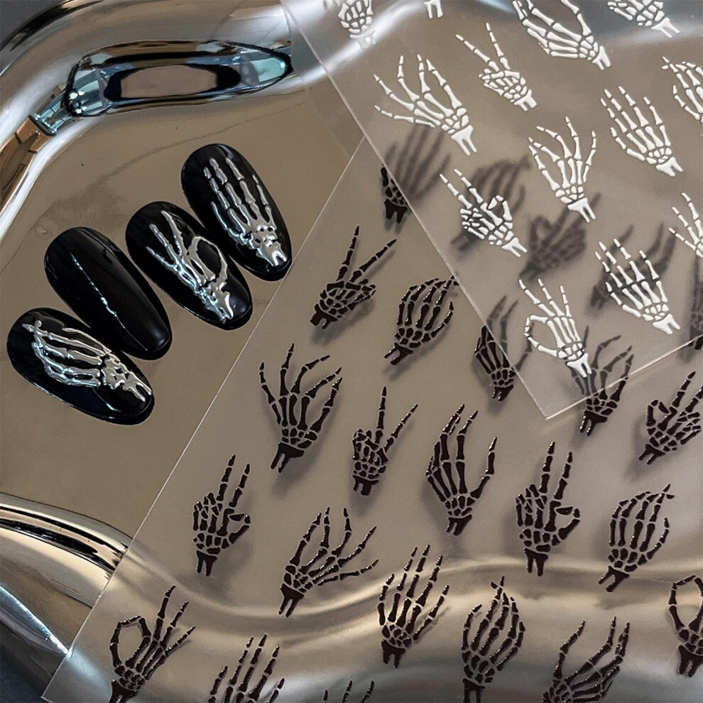 Black/White Halloween Nail Stickers Bone 5D Embossed Selfadhesive Skeleton Nail Art Decals For Women