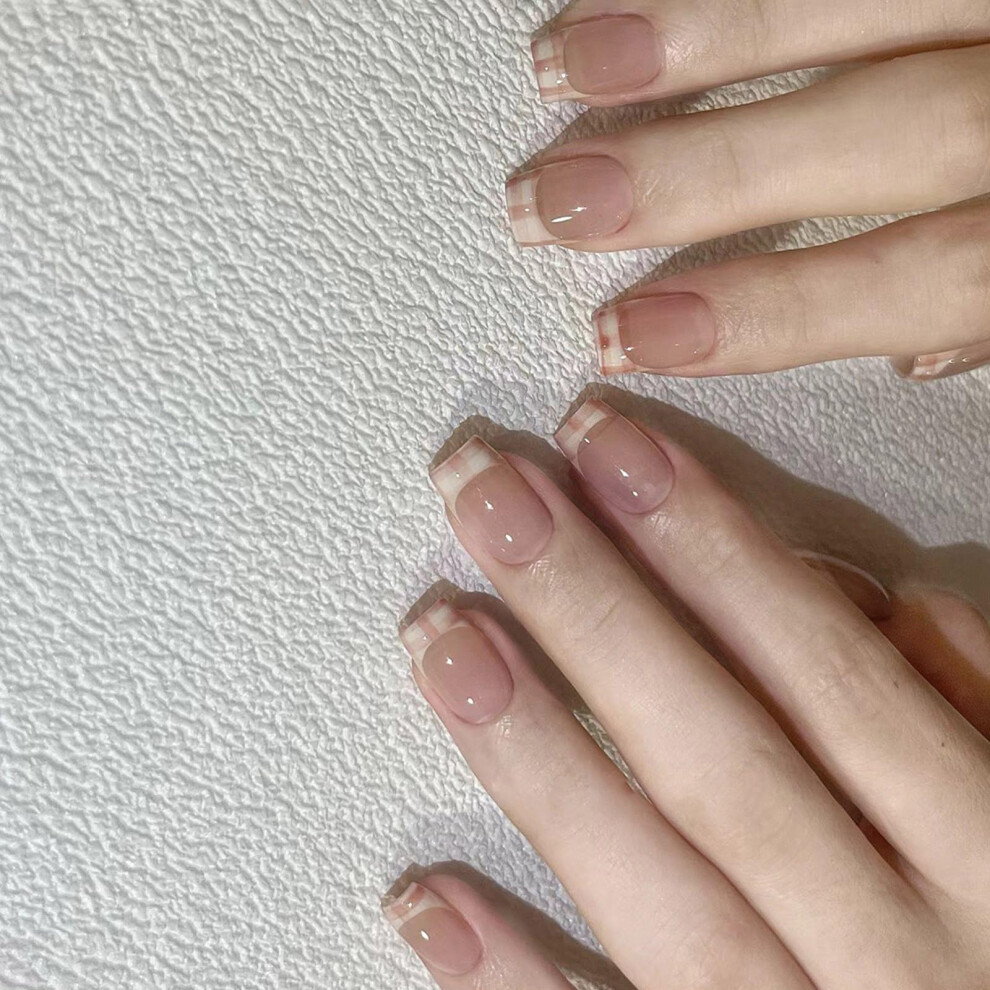 French Tip Press On Nails Set, Short Ballerina Glossy Reusable False Nails, 24pcs Full Cover