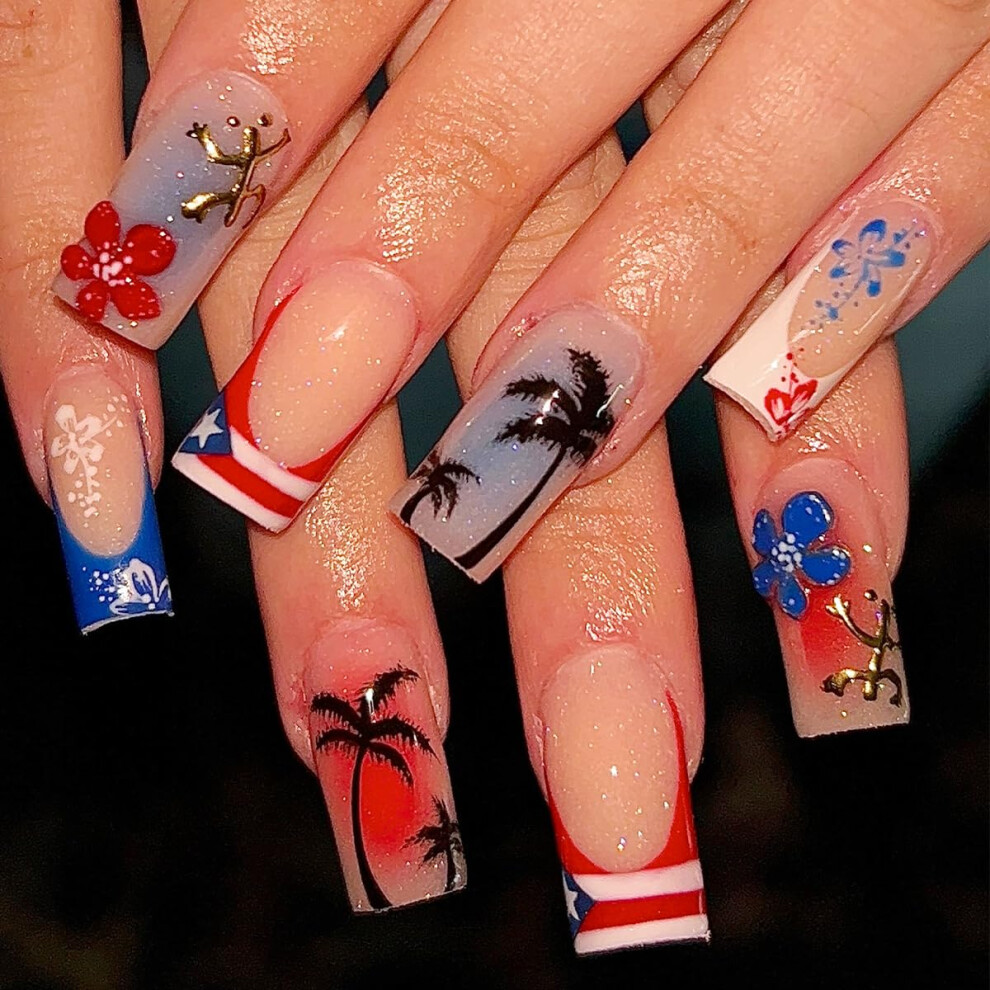 24pcs 4th of July Press on Nails Patriotic Eagle Flag Design Medium Square Fake Nails for Women