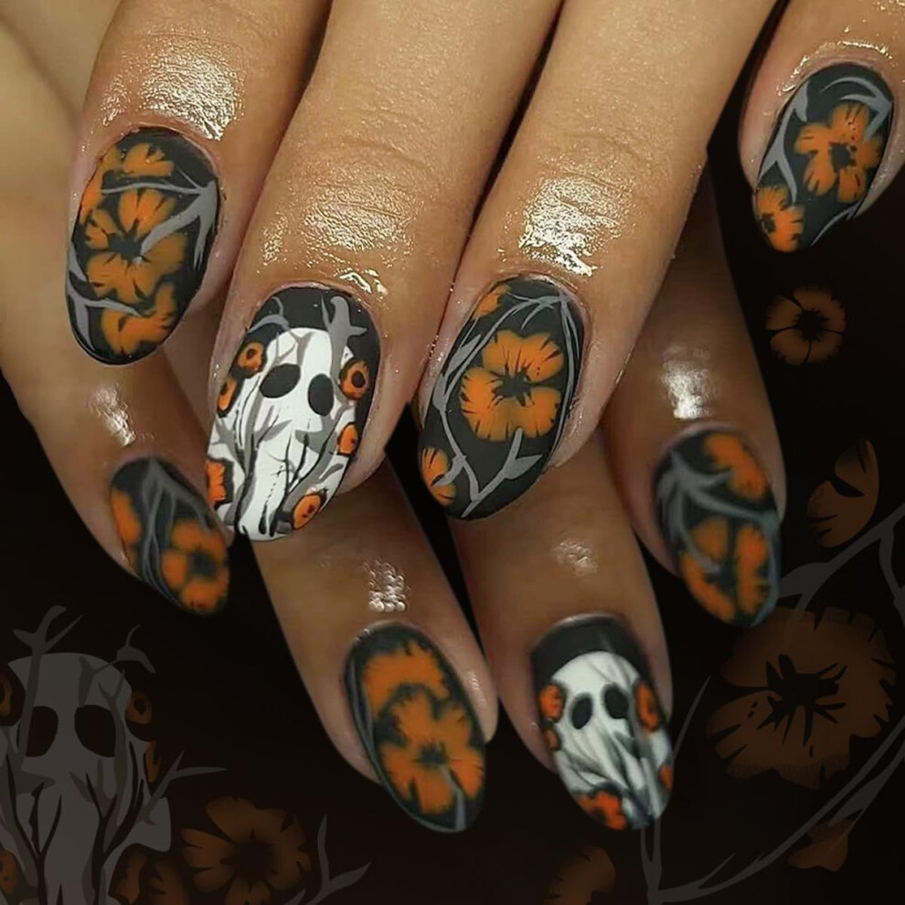 Halloween Press on Nails Short Square Fake Nails with Ghost Design, Durable Reusable Acrylic