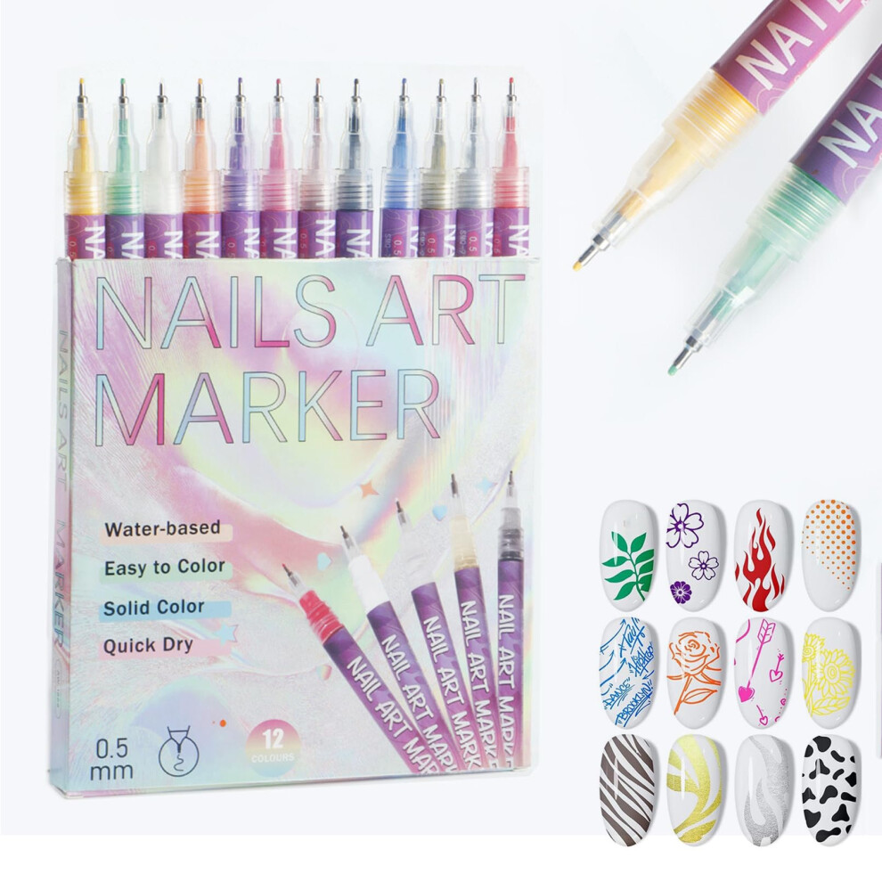 Nail Art Pens 12 Colors Gel Nail Art Markers with 0.5mm Fine Tip for Detailed Home or Salon Designs