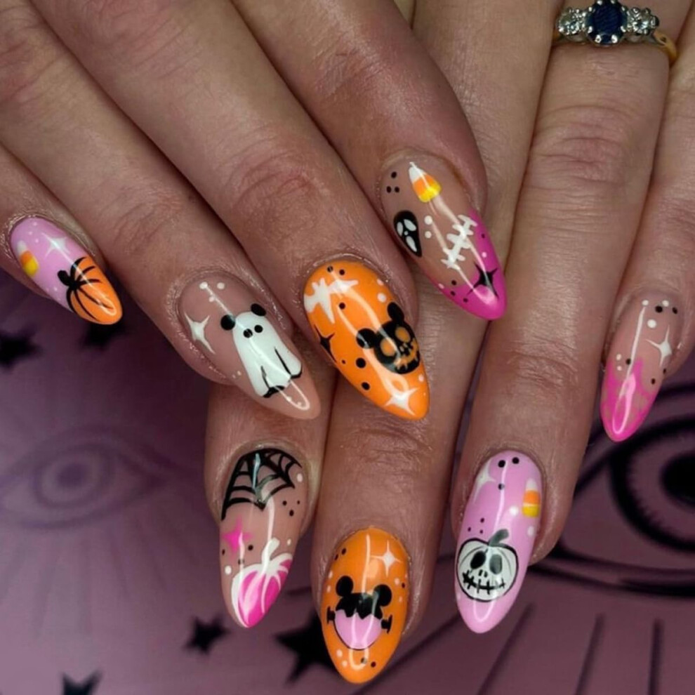 Halloween Press On Nails Almond Shape Ghost Pumpkin Skull Spider Web Design Full Cover Acrylic 24Pcs