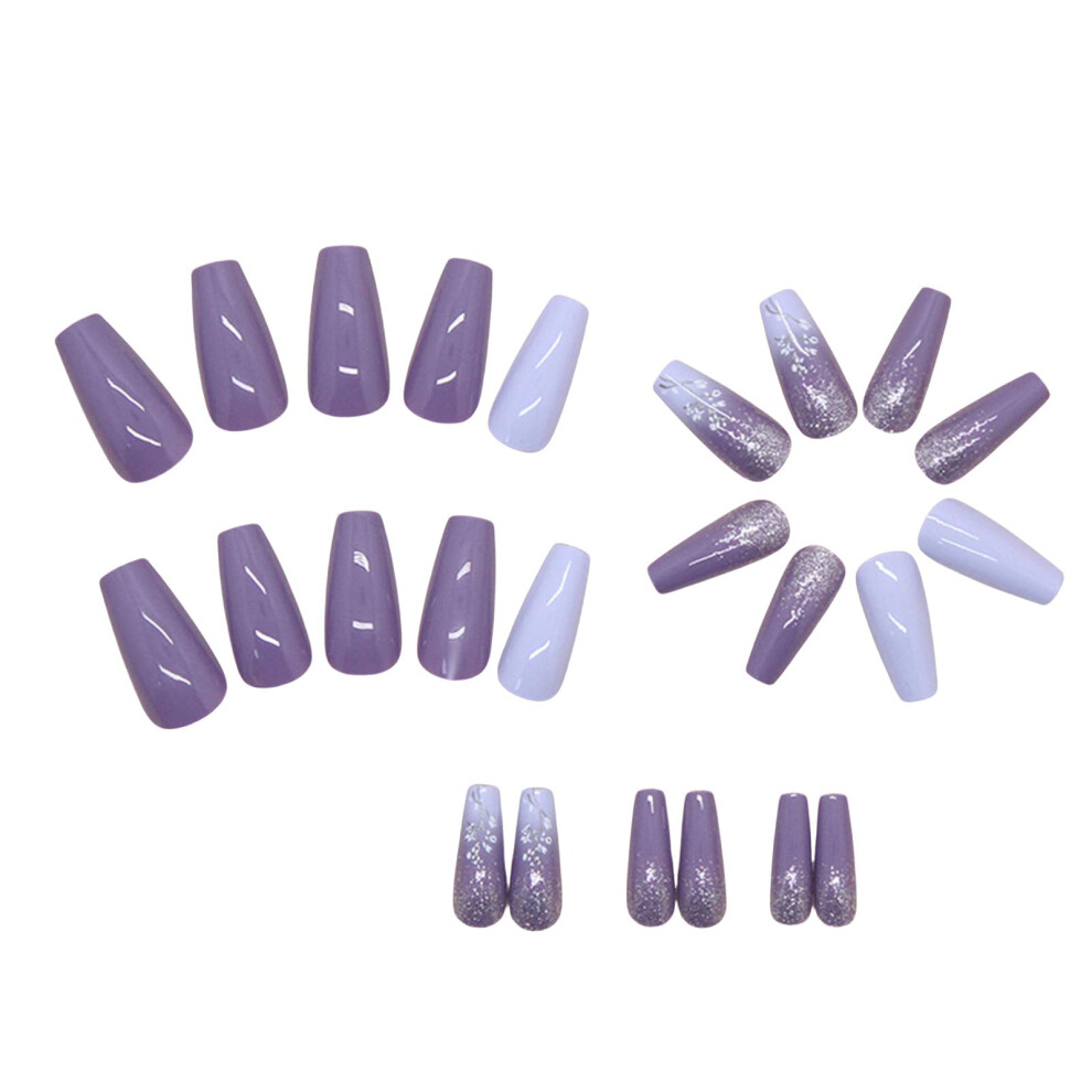 Gradient Purple Flower Press On Nails Long Square Shimmer with Glue 24Pcs for Women