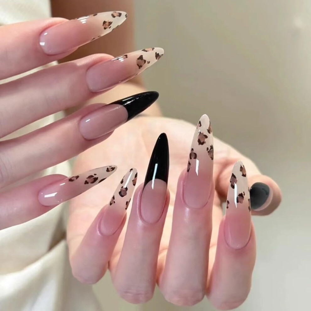 Leopard French Tip Press On Nails Almond Shape Kit Reusable Acrylic Fake Nails for Women 10PCS